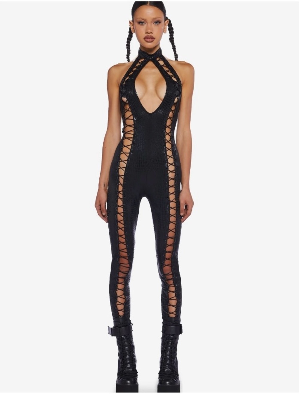 Faux Leather Lace‑Up Halter Jumpsuit — Total Statement Piece